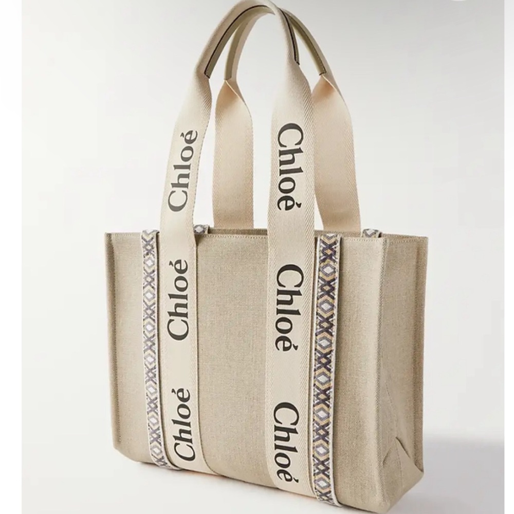 CHLOÉ - Woody medium embroidered linen-canvas tote
